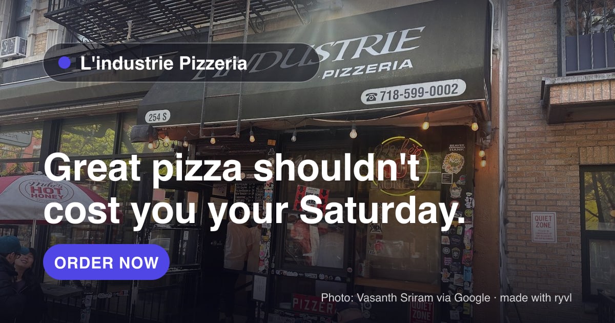 Facebook / link post creative for L'industrie Pizzeria: Great pizza shouldn't cost you your Saturday.